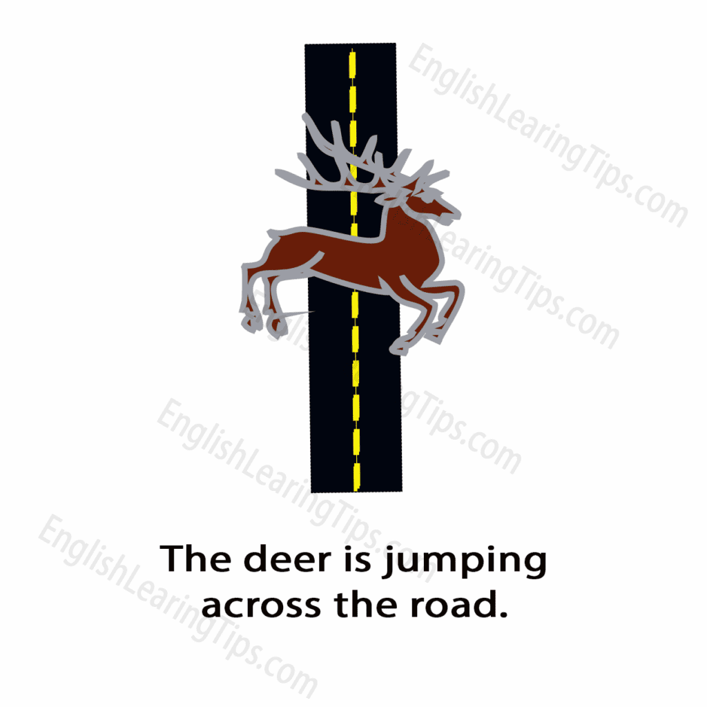 A cartoon of a deer jumping across a road with a text overlay saying: "The deer is jumping across the road."