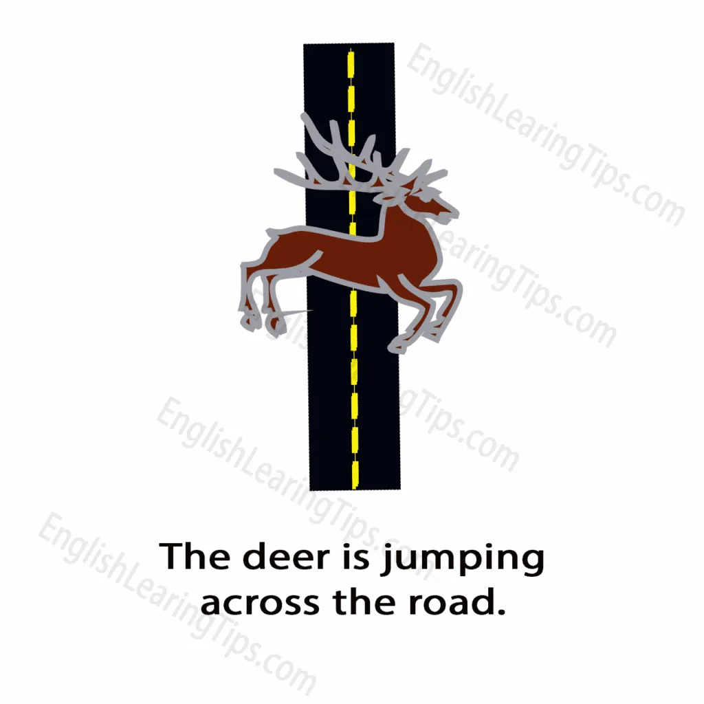 A cartoon of a deer jumping across a road with a text overlay saying: "The deer is jumping across the road."