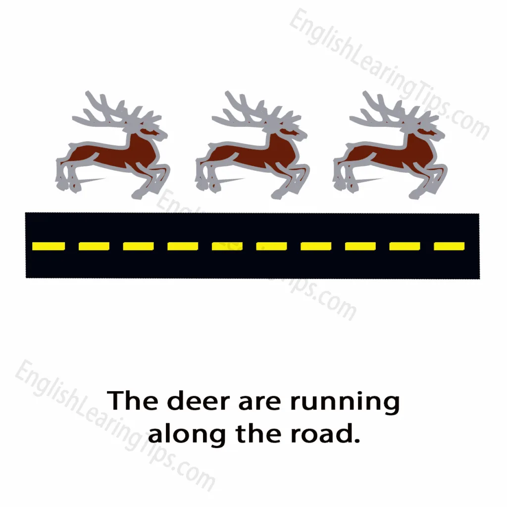 A cartoon showing a group of deer running along a road in a parallel direction, with the text: "The deer are running along the road."