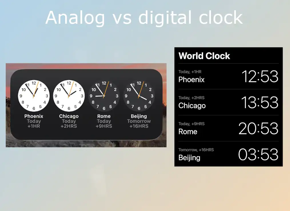 A side-by-side comparison of iPhone World Clock displays showing analog faces for Phoenix, Chicago, Rome, and Beijing next to their digital equivalents.