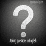 Infographic of a large question mark with the text Asking Questions in English illustrating interrogative word order.