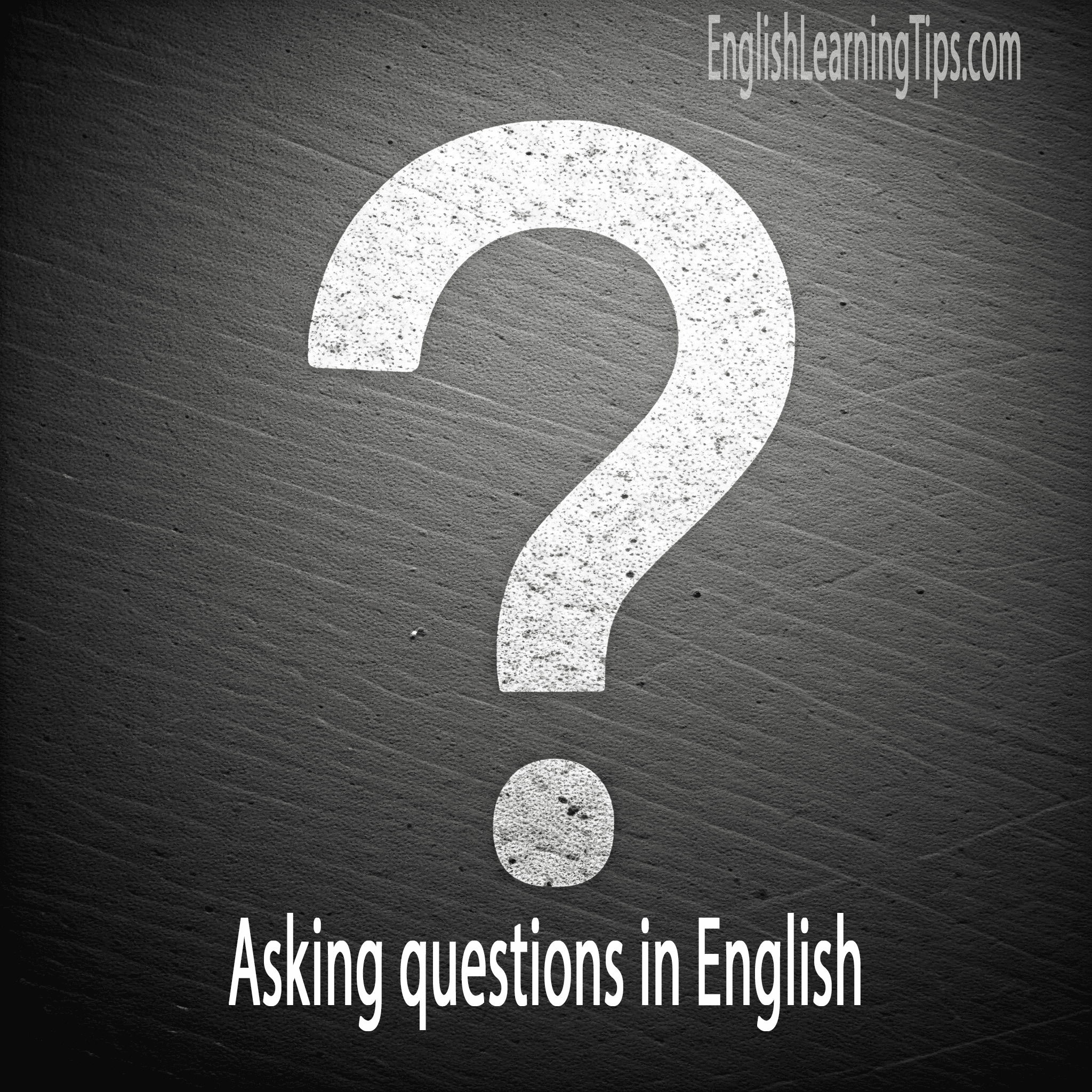 Infographic of a large question mark with the text Asking Questions in English illustrating interrogative word order.