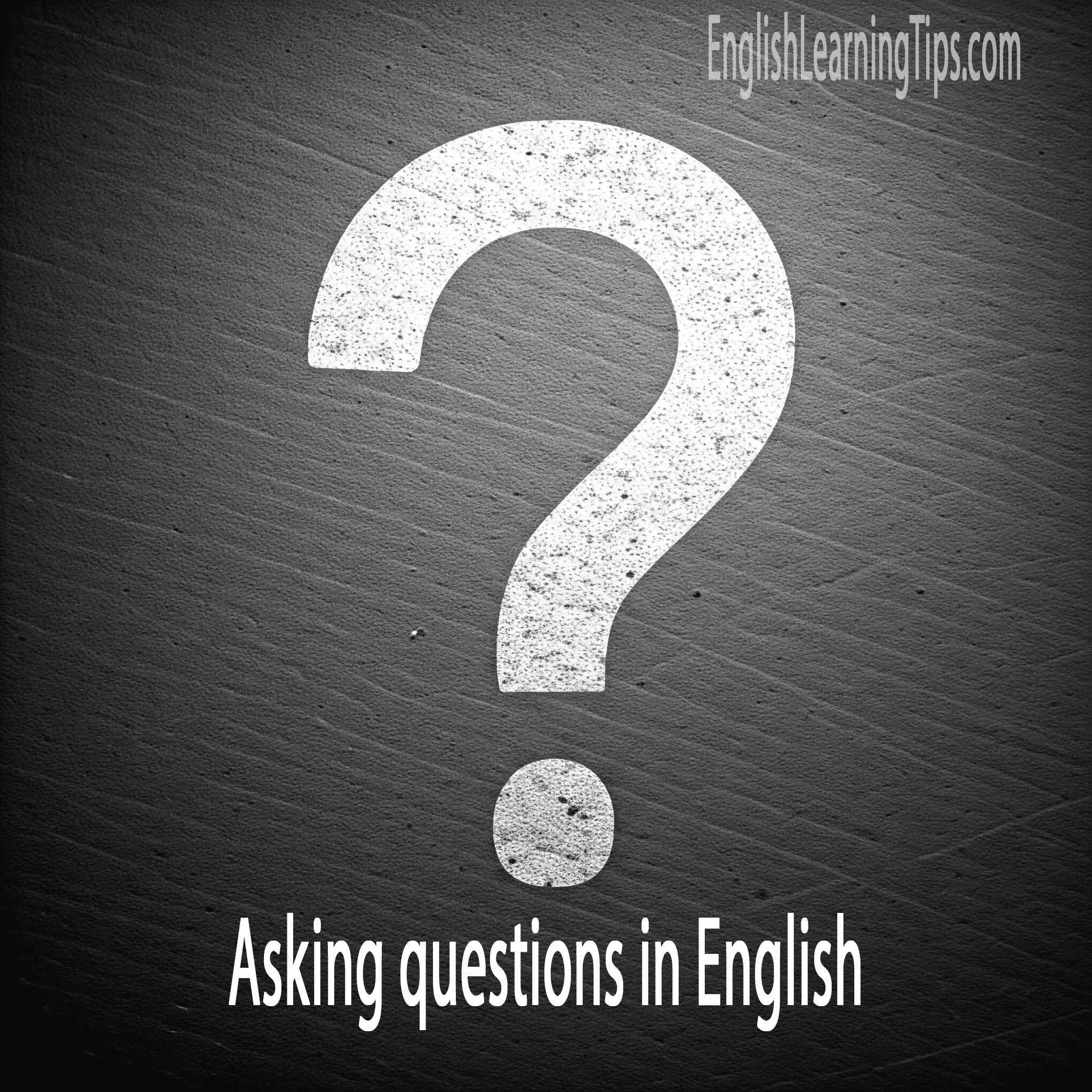 Infographic of a large question mark with the text Asking Questions in English illustrating interrogative word order.