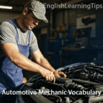 mechanic pointing to parts of a car engine under the open hood; useful for learning vehicle vocabulary.