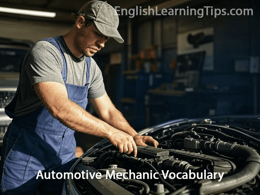 mechanic pointing to parts of a car engine under the open hood; useful for learning vehicle vocabulary.