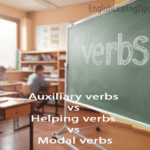 A green school blackboard with the word "Verbs" written clearly in white chalk.