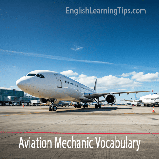 A commercial white aircraft on an airport tarmac used as a guide for aviation mechanic vocabulary and technical English terms.