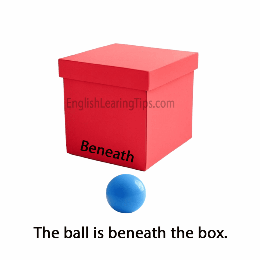 A blue ball positioned directly beneath a red box, illustrating the preposition of position "beneath"