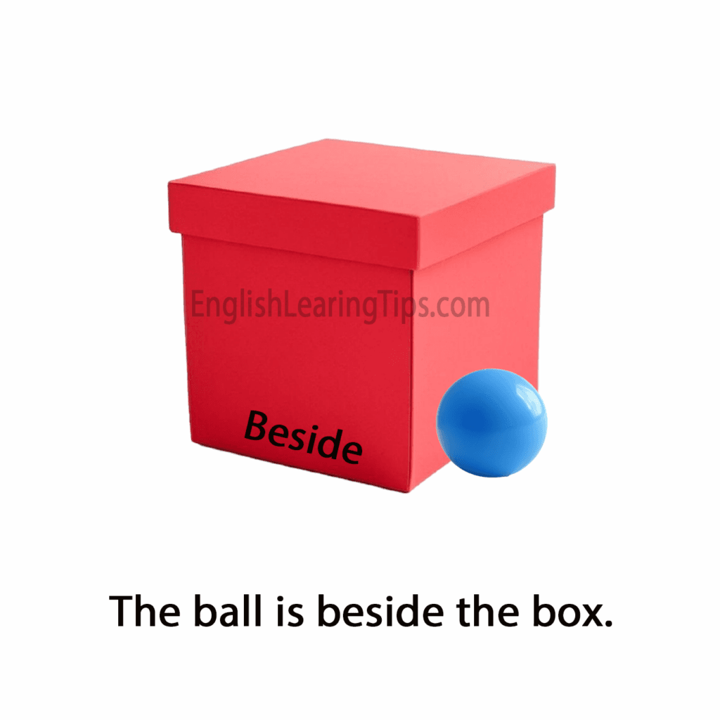 A blue ball sitting at the side of a red box, illustrating the preposition of position "beside"
