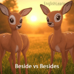 A cartoon illustration of two young deer standing beside each other to demonstrate the meaning of the word beside.