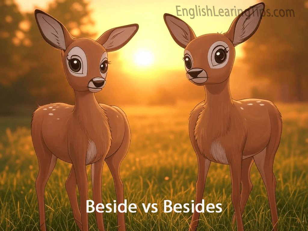 A cartoon illustration of two young deer standing beside each other to demonstrate the meaning of the word beside.