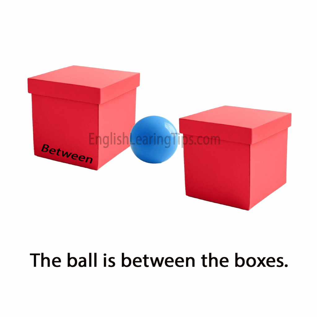 A blue ball positioned in the space separating two red boxes, illustrating the preposition of position "between"