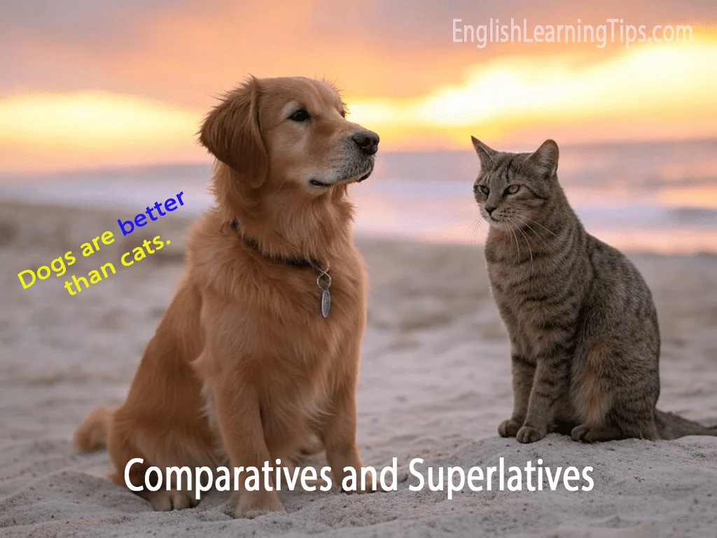 A dog and a cat sitting together with text overlay saying Dogs are better than cats to demonstrate the comparative adjective better.