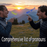 Two men pointing at each other in a landscape setting with speech bubbles saying "You!" and "No, you!" illustrating personal pronoun usage.