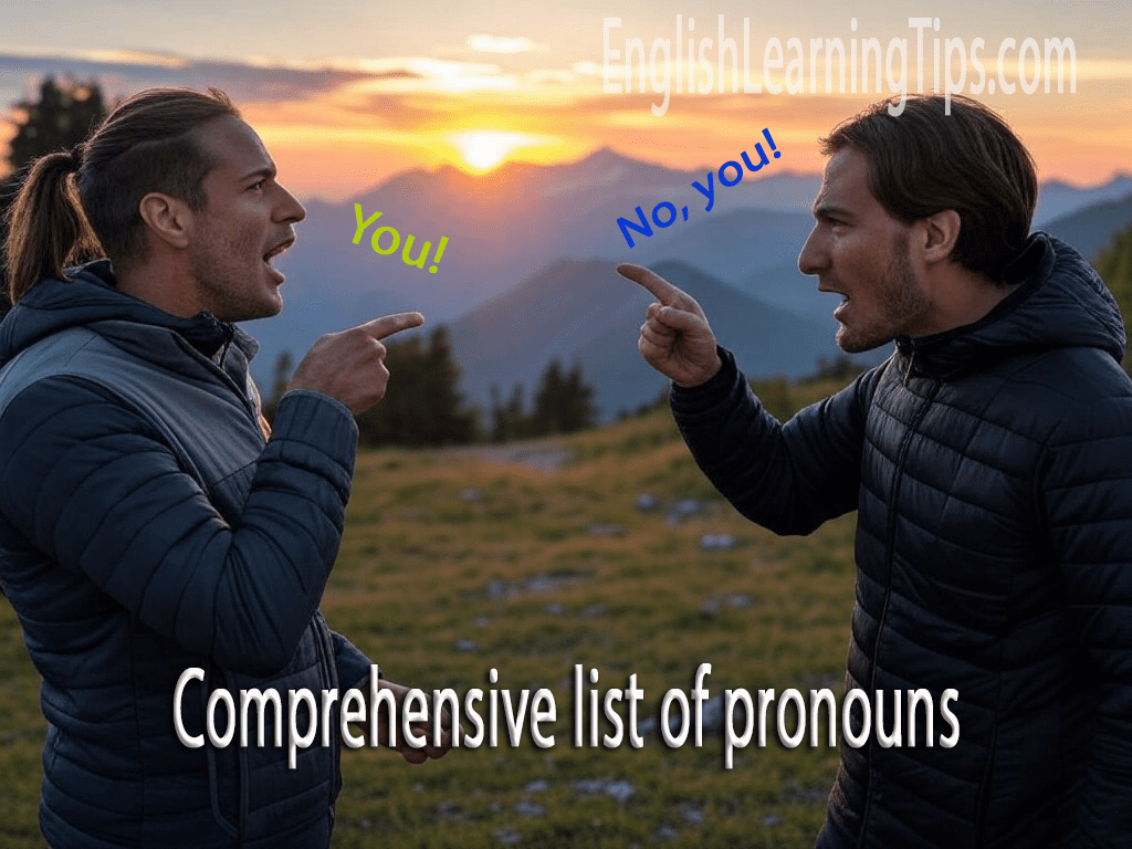 Two men pointing at each other in a landscape setting with speech bubbles saying "You!" and "No, you!" illustrating personal pronoun usage.