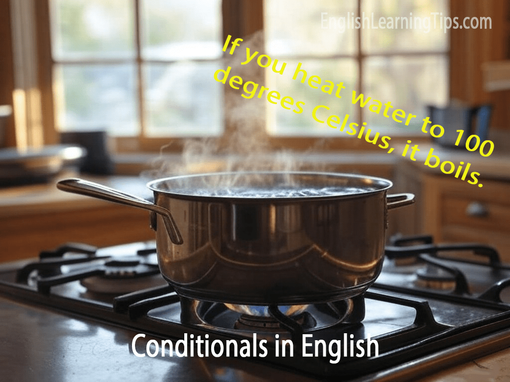 Photo showing the zero conditional in English grammar with the example: If you heat water to 100°C, it boils.