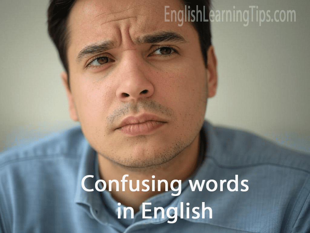 A confused man looking at a list of commonly confused English words like affect vs effect and its vs it's.