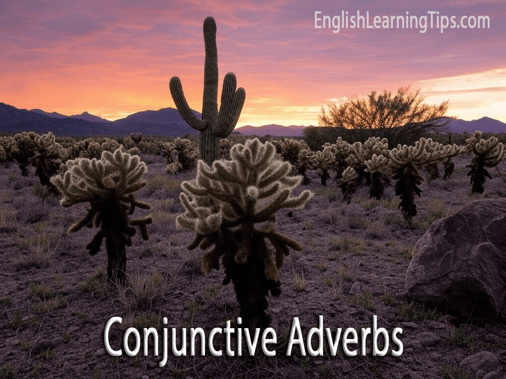 A desert landscape with cacti under a sunset sky, featuring the text "Conjunctive Adverbs" as an overlay.