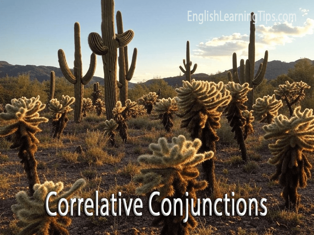 A desert landscape with saguaro cacti featuring the text "Correlative Conjunctions" to illustrate grammar word pairs.