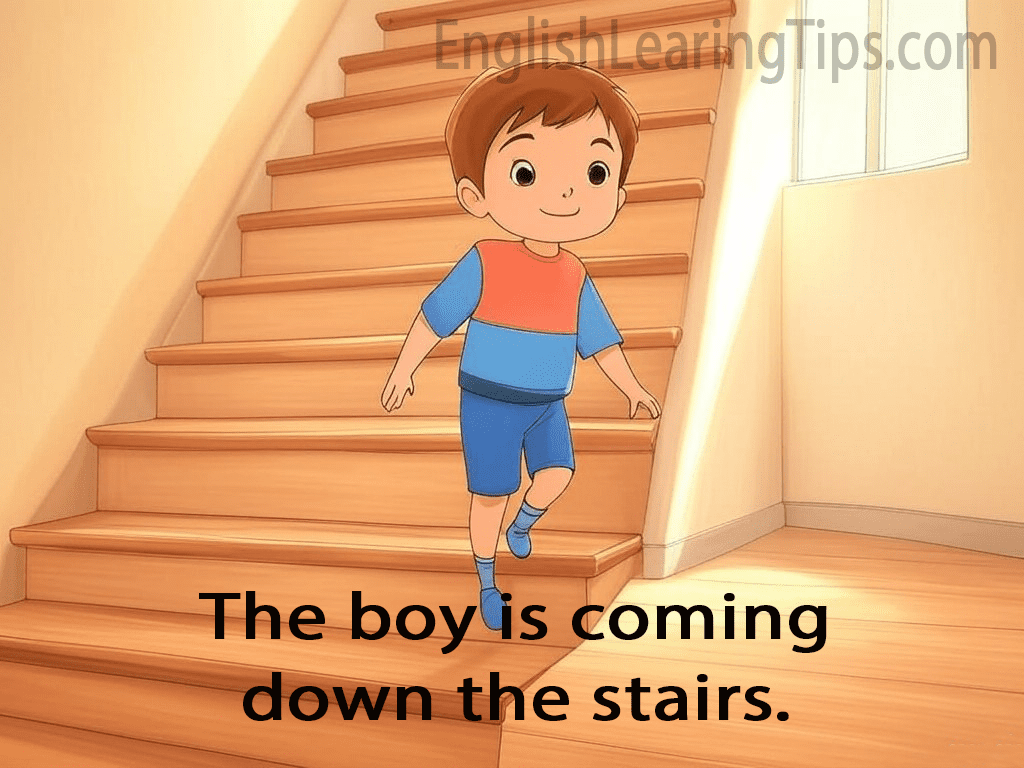A cartoon of a boy running down a flight of stairs with the text: "The boy is coming down the stairs."