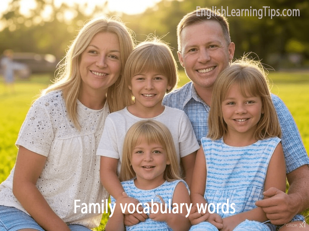 A nuclear family with a mother, father, and three children, illustrating basic family vocabulary in English.