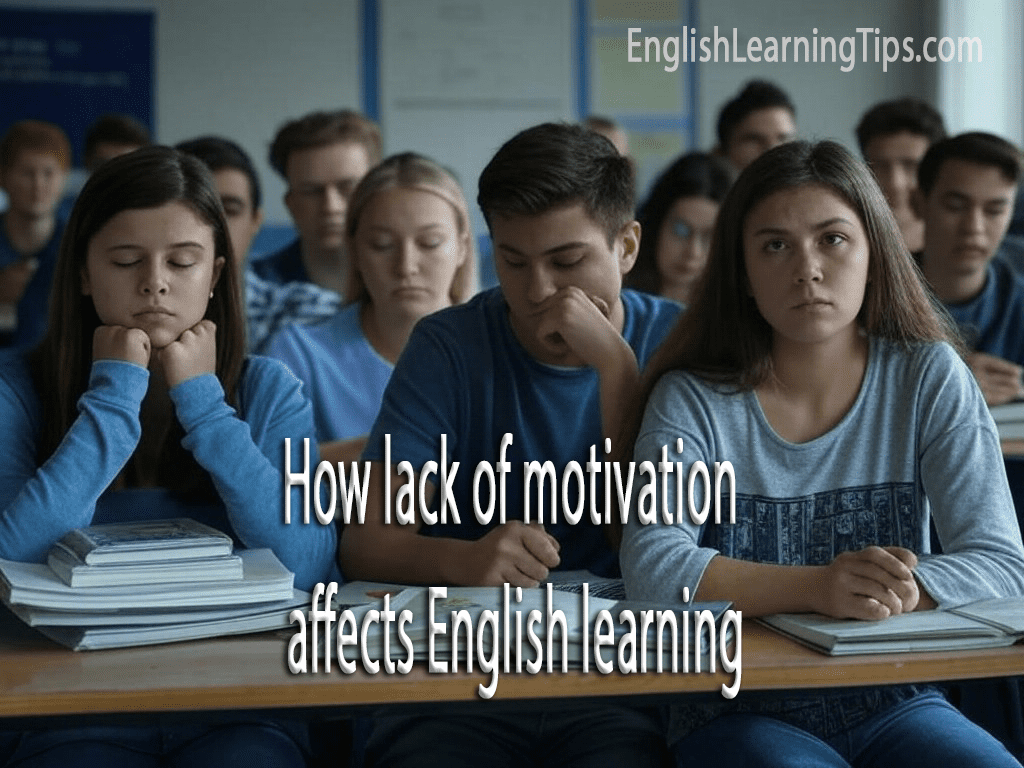 A group of unmotivated ESL students looking bored and distracted in a language classroom setting.