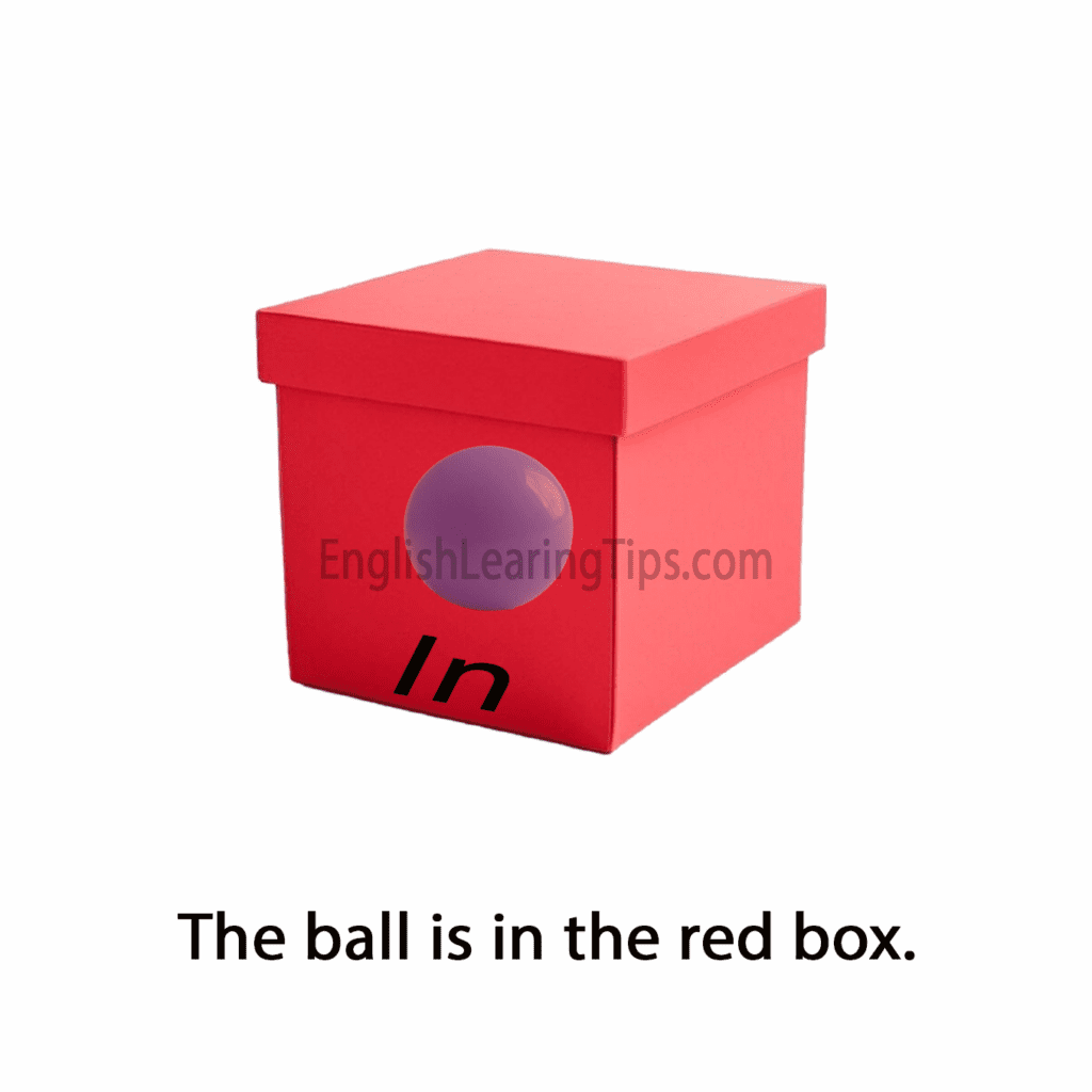 A blue ball located inside a red box, illustrating the preposition of position "in"