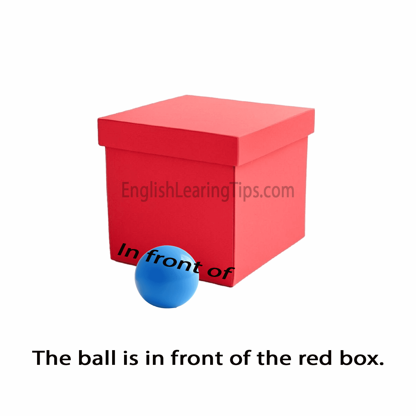 A blue ball positioned in front of a red box, closer to the viewer, illustrating the preposition of position "in front of"