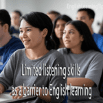 A diverse group of ESL students in a modern classroom setting, attentively listening and taking notes during an English language lesson.