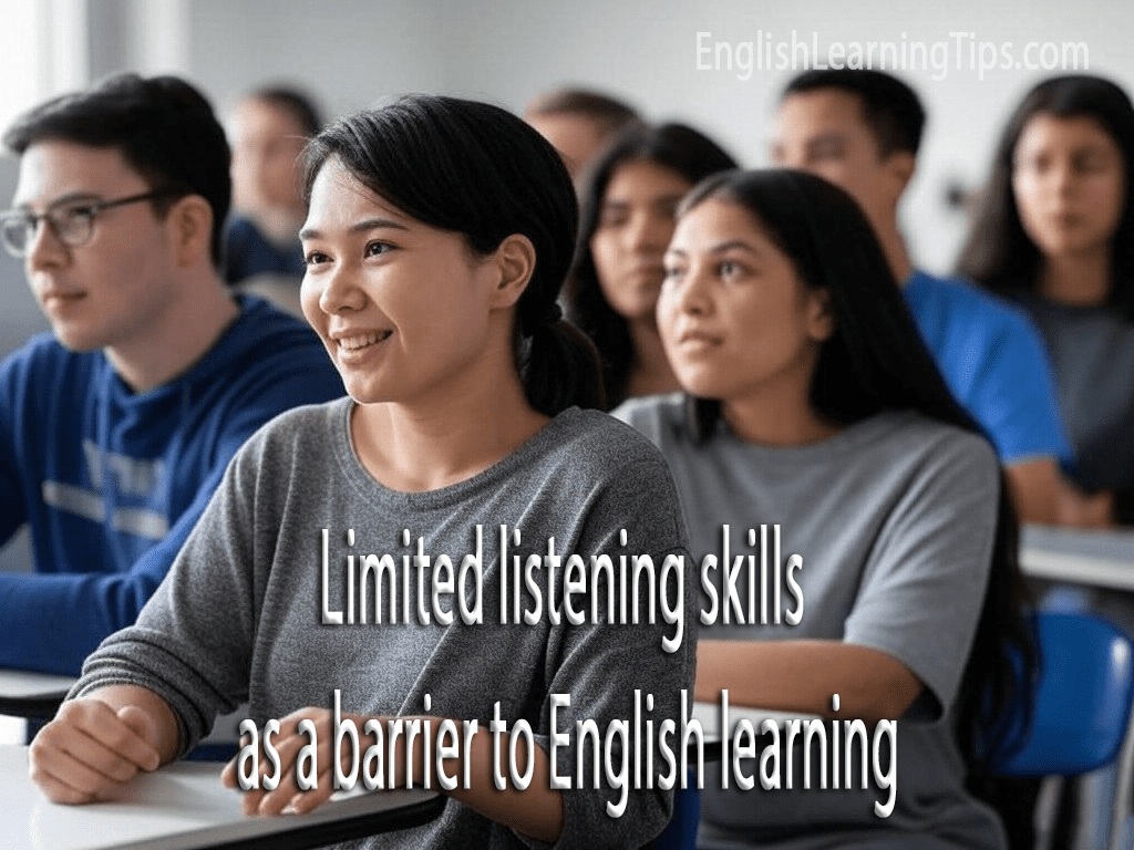 A diverse group of ESL students in a modern classroom setting, attentively listening and taking notes during an English language lesson.