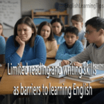 A group of diverse adult ESL students sitting in a bright classroom, practicing reading and writing skills to overcome language literacy barriers.