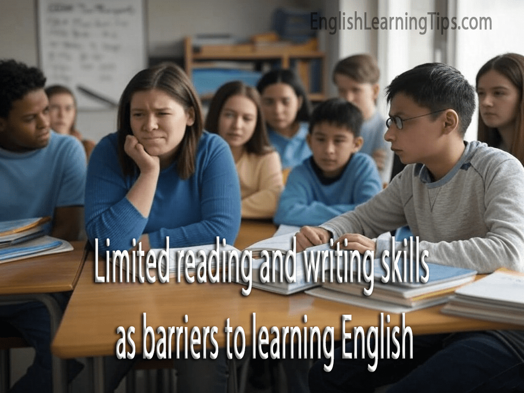 A group of diverse adult ESL students sitting in a bright classroom, practicing reading and writing skills to overcome language literacy barriers.