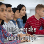 A group of diverse adult students practicing English speaking skills in a modern classroom setting to overcome language barriers.