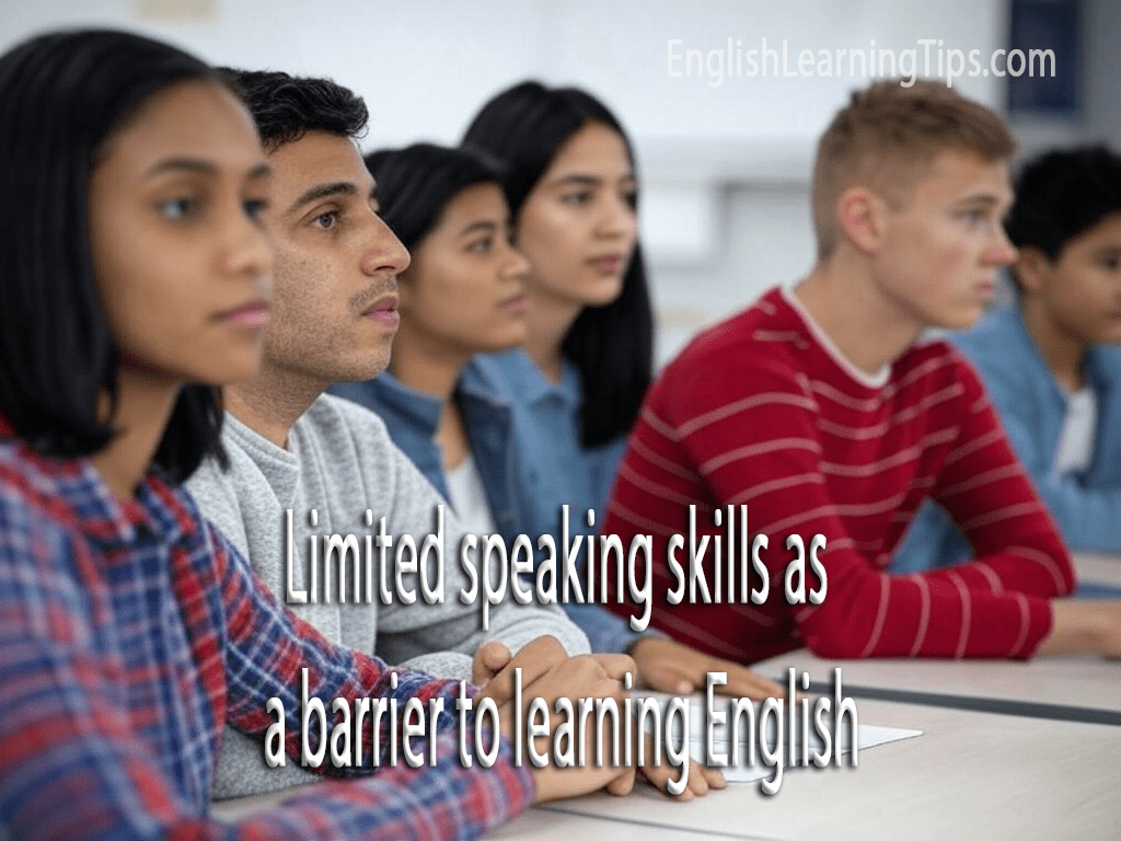 A group of diverse adult students practicing English speaking skills in a modern classroom setting to overcome language barriers.