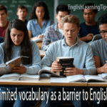 Diverse ESL students participating in a university classroom discussion to improve English vocabulary.