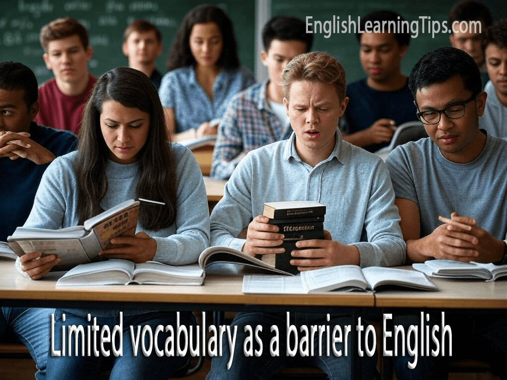 Diverse ESL students participating in a university classroom discussion to improve English vocabulary.