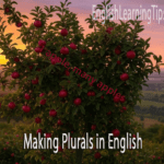 An apple tree in a field at sunset used to demonstrate English plural rules: 1 apple becomes many apples.