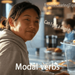 A customer at a bakery counter using the modal verb "can" to request a fruit danish from a baker.