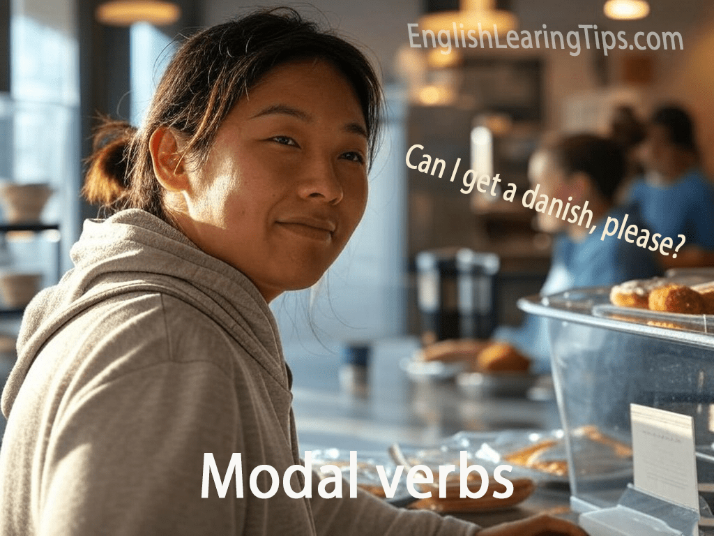 A customer at a bakery counter using the modal verb "can" to request a fruit danish from a baker.