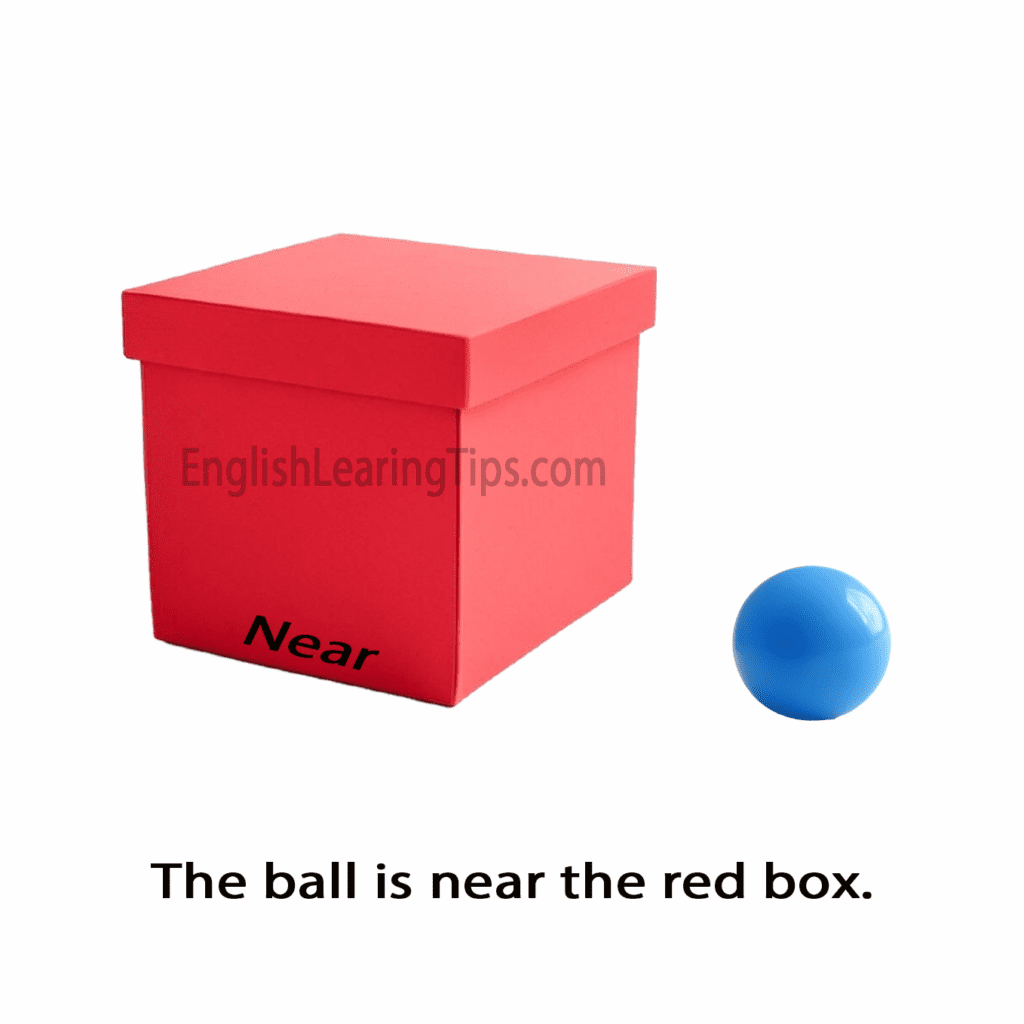 For the preposition "near," your visual likely shows the blue ball in the vicinity of the red box but with a clear gap between them. This is a vital preposition for SEO because it relates to proximity and is a high-volume search term for people learning to describe general locations.Image SEO metadata
File name: preposition-near-blue-ball-red-box.jpgAlt text: A blue ball placed a short distance away from a red box, illustrating the preposition of position "near"