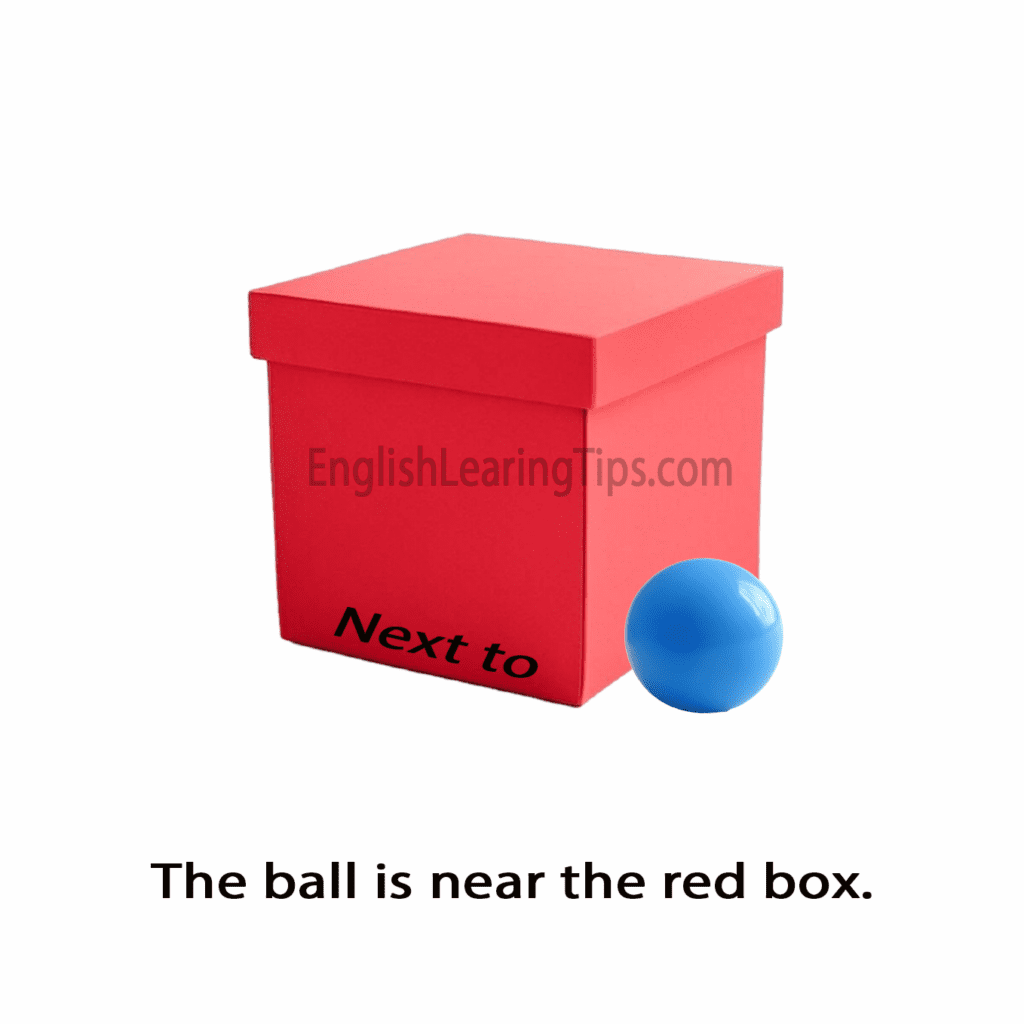 A blue ball positioned immediately to the side of a red box, illustrating the preposition of position "next to"