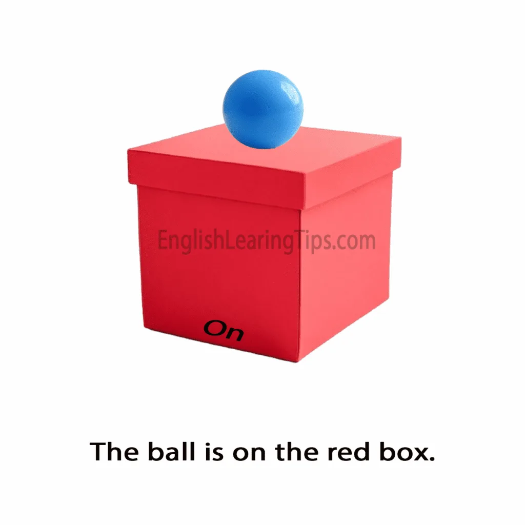 A blue ball resting on the top surface of a red box, illustrating the preposition of position "on"