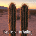 Two identical cacti standing side-by-side in a desert at sunset, illustrating the concept of parallel structure in writing.