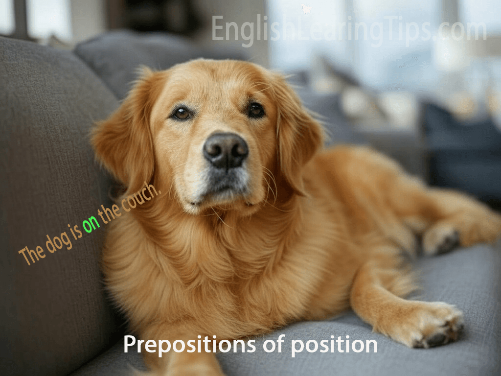 A dog sitting on a couch illustrating the preposition of position "on"
