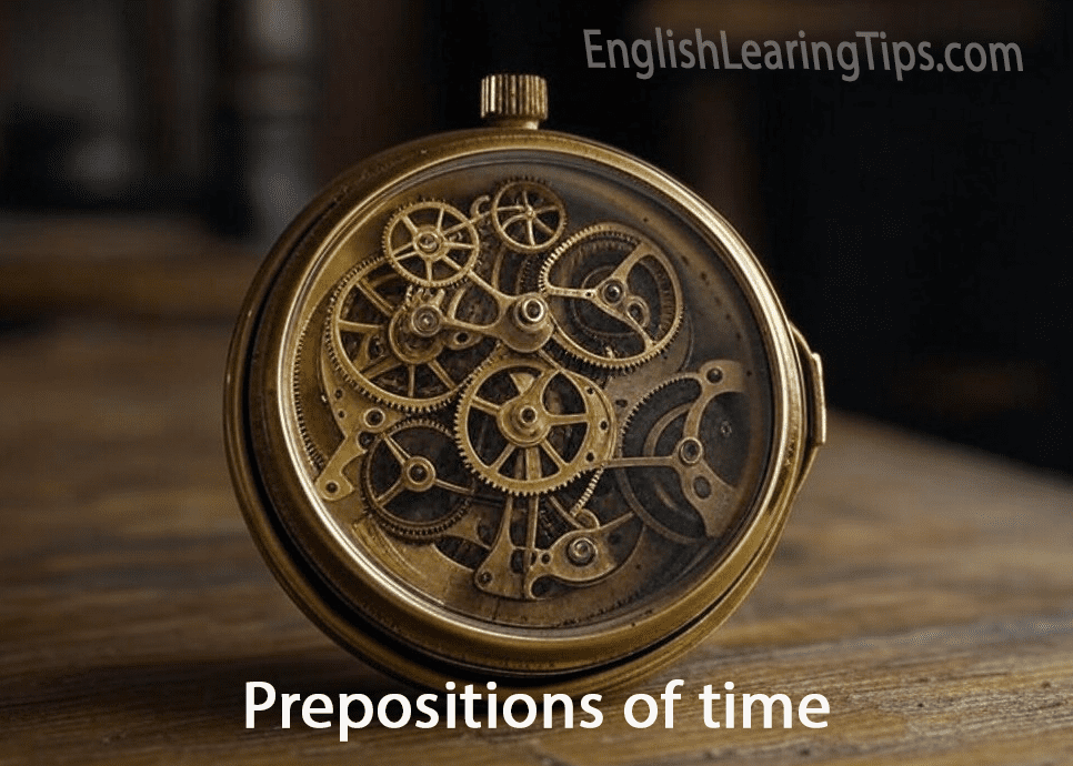 An old vintage gold pocket watch on a dark background with the words Prepositions of Time written below watch face.