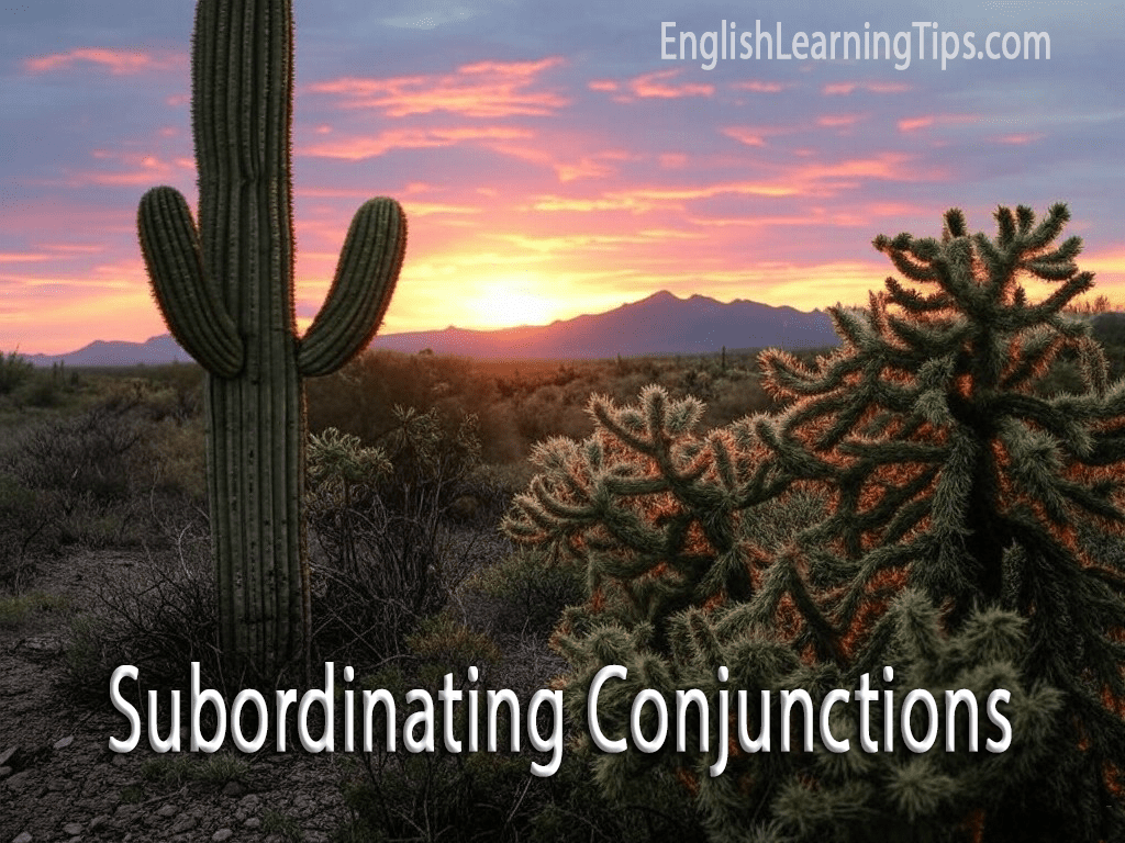 Text reading Subordinating Conjunctions over a desert sunset with saguaro cacti.