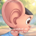 Cartoon man with a large ear listening to the different sounds of -ed endings in English.