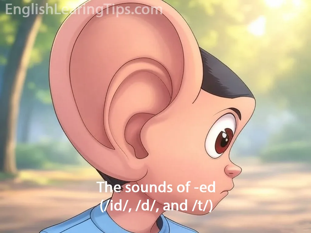 Cartoon man with a large ear listening to the different sounds of -ed endings in English.