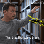 A man standing by a library bookshelf pointing to books with a text overlay saying These books are out of order.