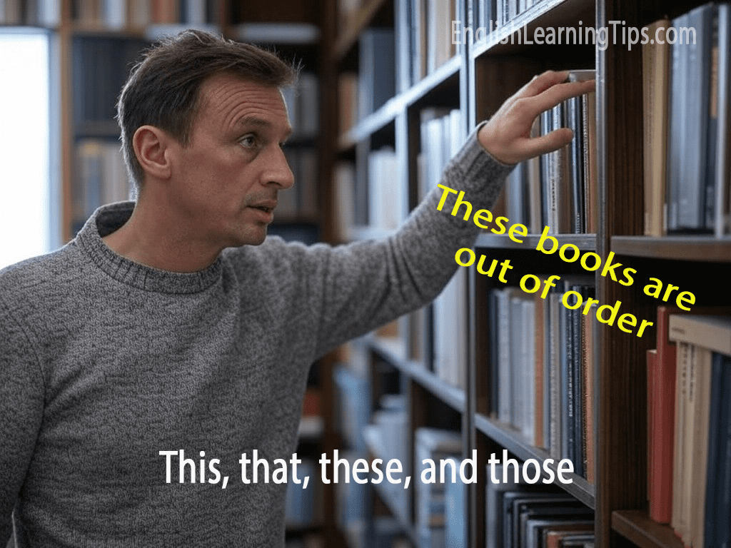 A man standing by a library bookshelf pointing to books with a text overlay saying These books are out of order.